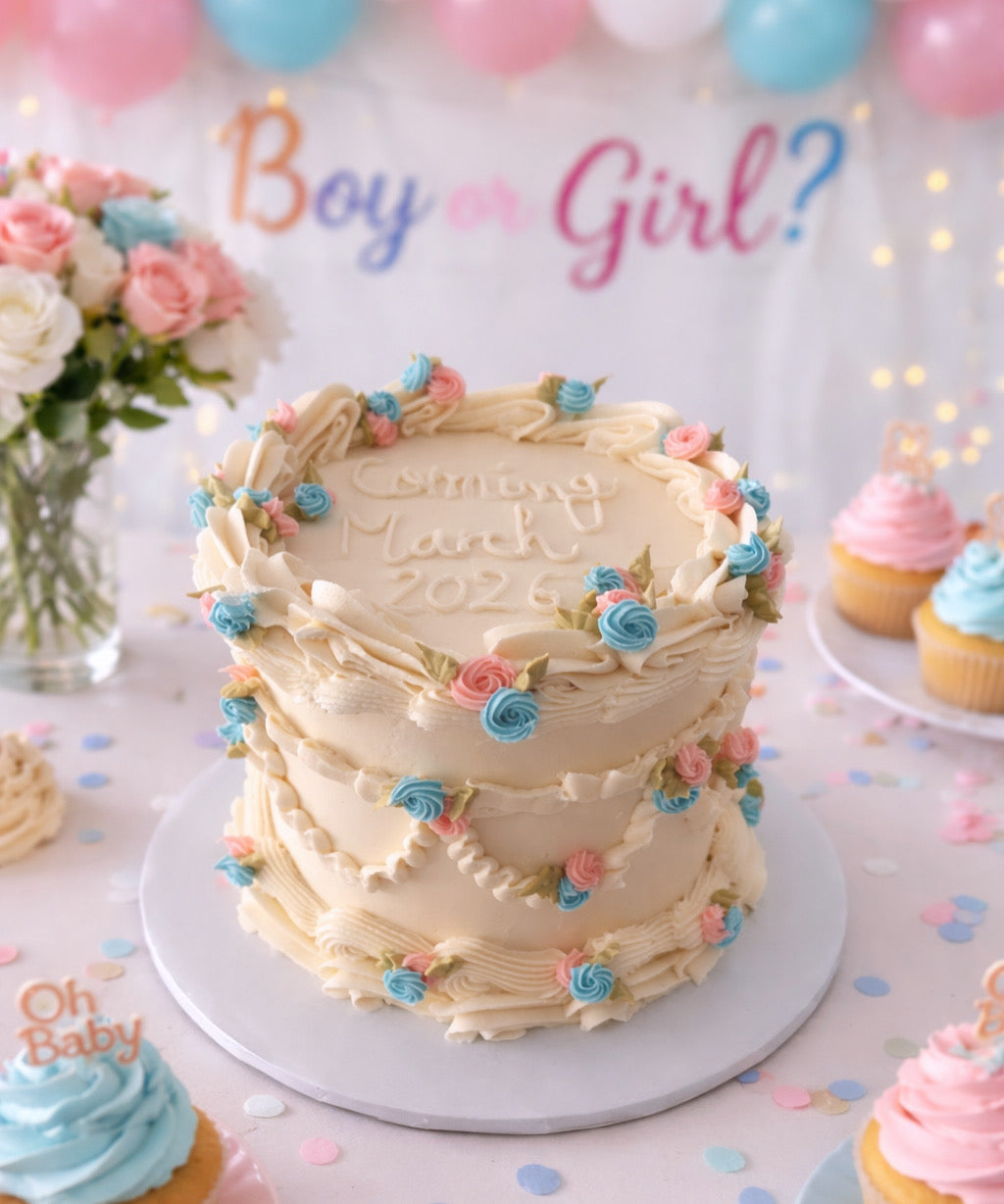 Boy or Girl? Vintage Gender Reveal Cake 🎀💙