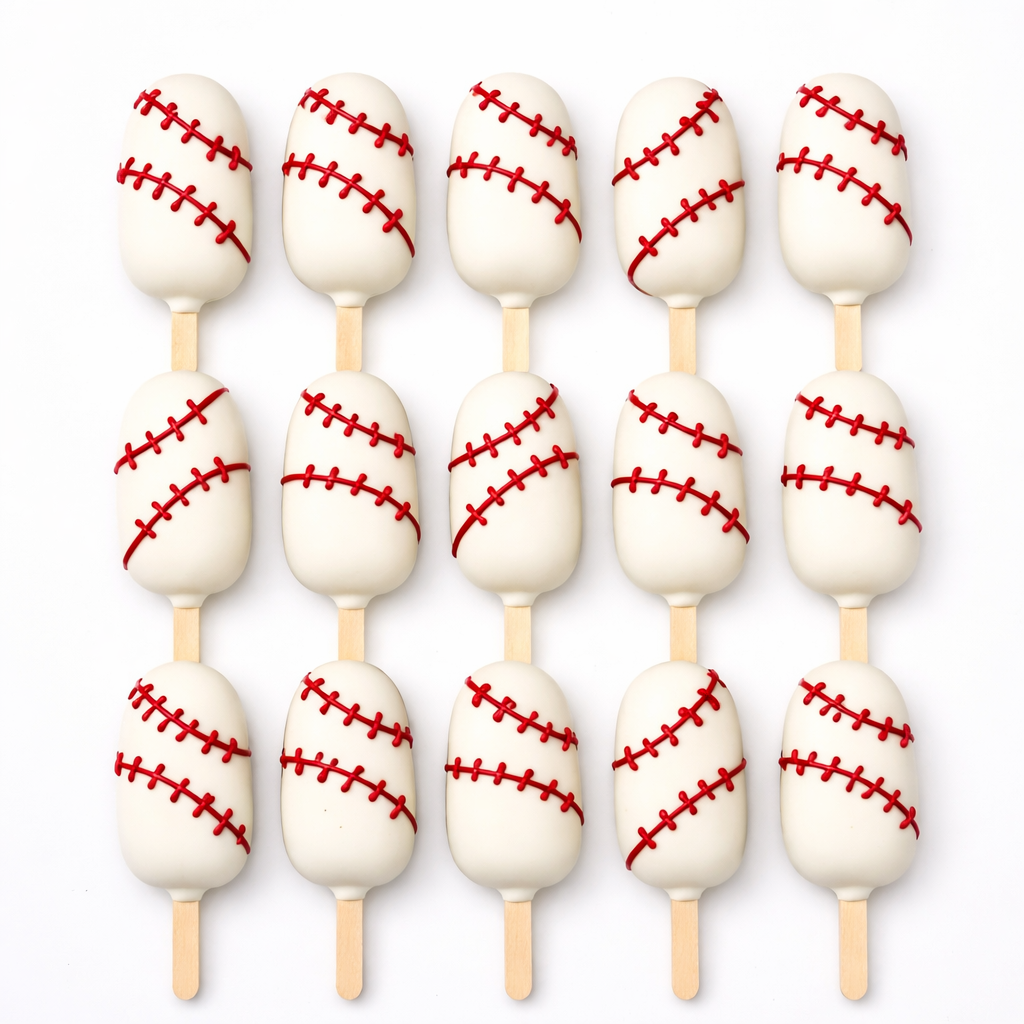 Custom baseball cake popsicles for sports party dessert table Fresno bakery.”
“Baseball themed cake popsicles with red stitching detail for birthday party.”
“Chocolate covered cake popsicles designed like baseballs for event desserts.”
“Custom sports desserts baseball cake popsicles Fresno California bakery.”
