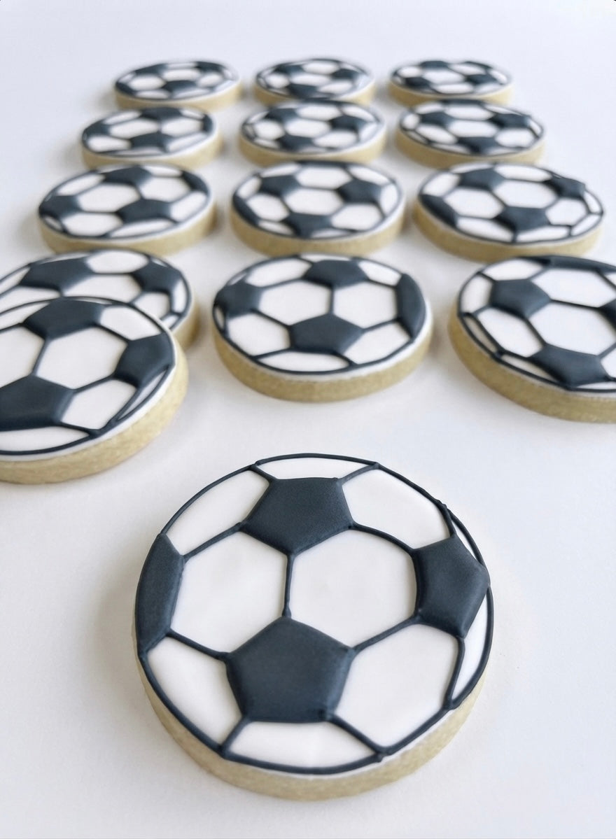 12 handmade soccer ball cookies decorated with soccer-themed designs, perfect for soccer birthdays, team parties, tournaments, and sports celebrations.
Soccer ball cookies 12 count for soccer birthdays, team celebrations, and sports parties.
Hand decorated soccer cookies with classic soccer ball designs for sports events and party favors.
Custom soccer ball sugar cookies for soccer players, teams, birthdays, and tournaments.
12 decorated soccer ball cookies arranged for a soccer