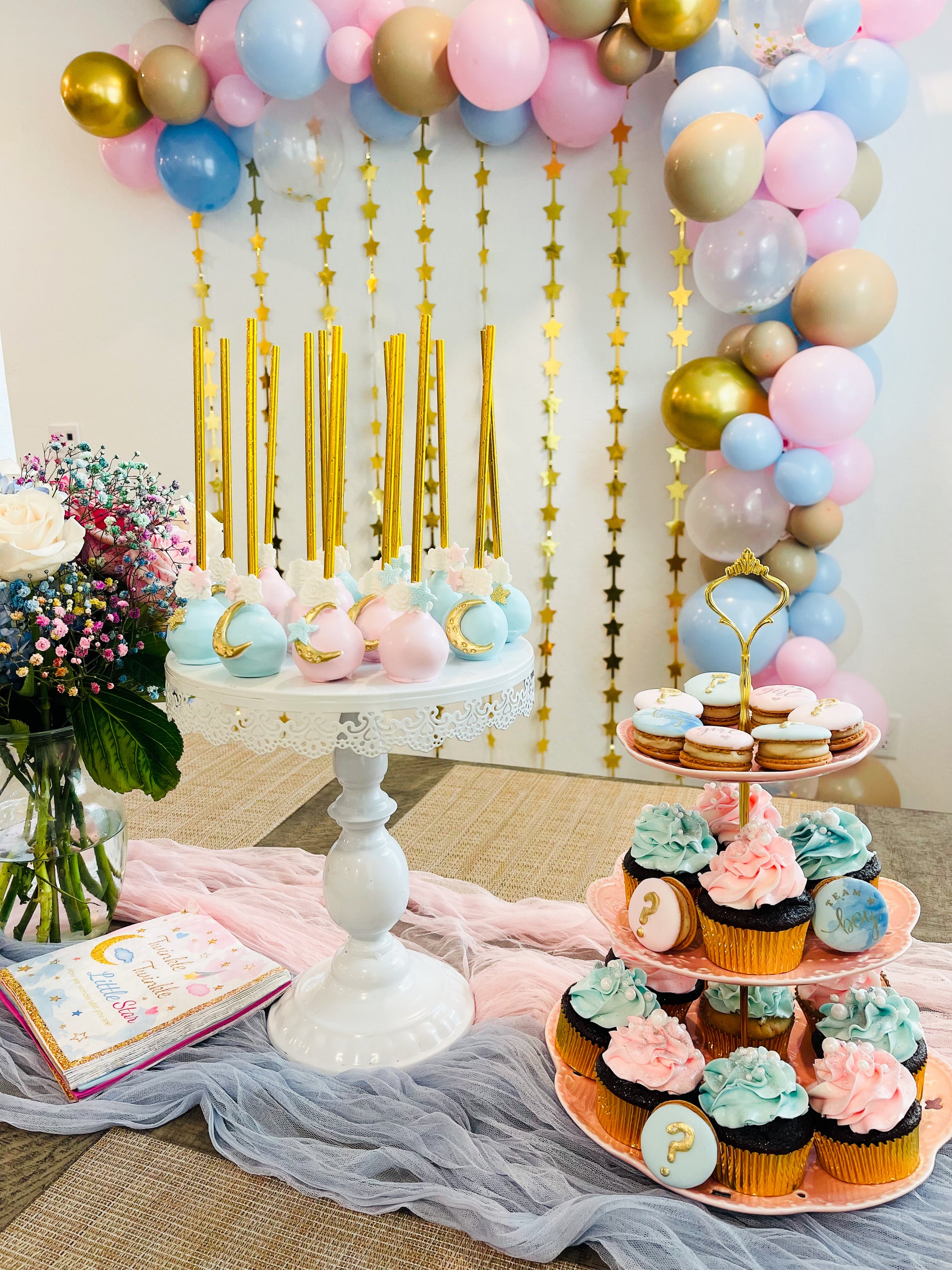 Twinkle Twinkle Little Star cake pops for a baby shower with custom pink and blue designs.
12 star-themed cake pops for a Twinkle Twinkle Little Star gender reveal party.
Custom baby shower cake pops with Twinkle Twinkle Little Star decorations and pastel colors.
Pink and blue Twinkle Twinkle Little Star cake pops for a gender reveal dessert table.