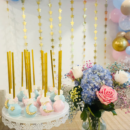 Twinkle Twinkle Little Star baby shower cake pops with pastel star decorations.
12 handmade star-themed cake pops for a Twinkle Twinkle Little Star baby shower.
Custom Twinkle Twinkle Little Star cake pops for baby shower party favors.