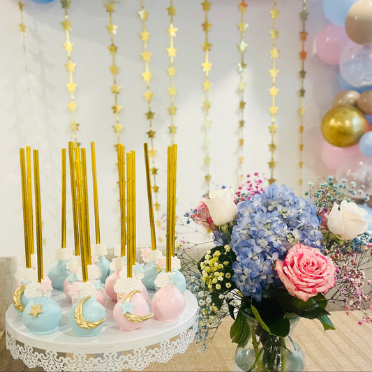 Twinkle Twinkle Little Star baby shower cake pops with pastel star decorations.
12 handmade star-themed cake pops for a Twinkle Twinkle Little Star baby shower.
Custom Twinkle Twinkle Little Star cake pops for baby shower party favors.