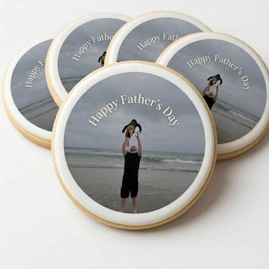 Personalized Father's Day photo sugar cookies with custom edible images, unique gift idea for dad from kids and family.
Custom photo cookies for Father's Day featuring edible family photos on handcrafted sugar cookies, thoughtful personalized gift for dad.
Father's Day personalized photo sugar cookies, custom edible image treats made to celebrate dad with a special memory.