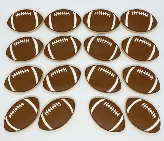 Football sugar cookies, hand-decorated with royal icing, 12-count set for football parties and game day celebrations.