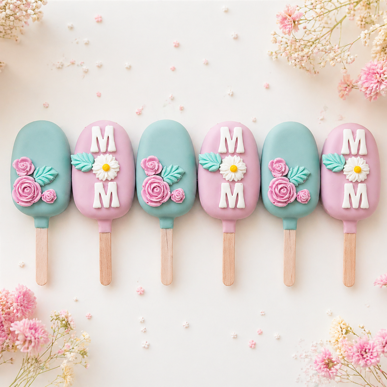 Floral cakesicles set of 6 with I Love Mom design, pastel chocolate covered cake pops for Mother’s Day gift box

2. I Love Mom cakesicle gift box with pink and teal floral cake popsicles, custom chocolate covered treats

3. Mother’s Day cakesicles set with floral decorations and letter design, pastel dessert gift box

4. Custom cakesicles with flowers and I Love Mom message, chocolate covered cake pops set of 6

5. Elegant floral cake popsicles for Mother’s Day, pastel cakesicles gift box for mom