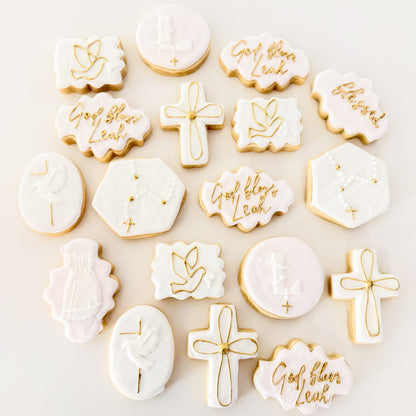 Custom baptism sugar cookies in a 12-count set for christening celebrations and party favors.
Hand decorated baptism cookies with elegant religious designs for a special celebration.
12 decorated baptism cookies arranged for a christening dessert table.