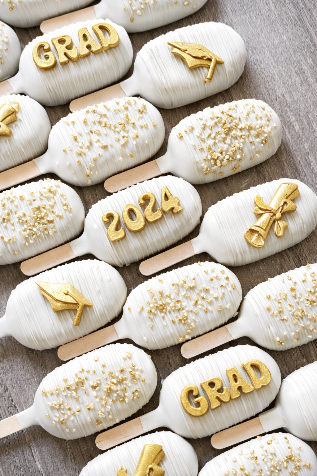Graduation cakesicles decorated in school colors for Class of 2026Custom graduation cakesicles set in 6 or 12, decorated with school colors and edible graduation-themed details for party favors