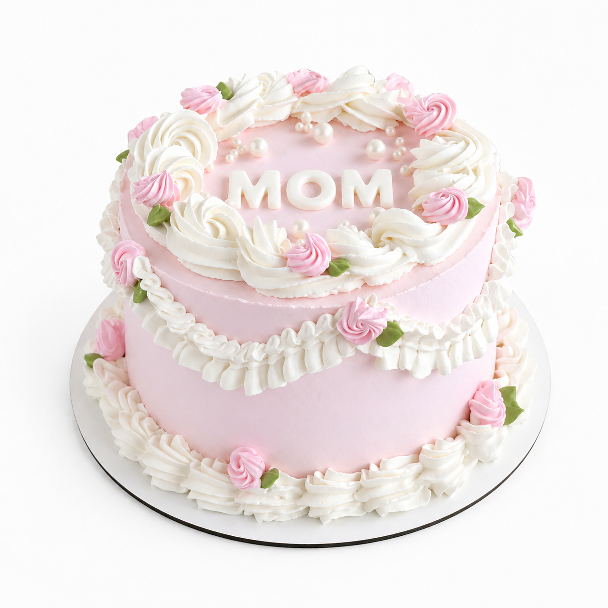 Vintage style Mom cake with buttercream piping for Mother’s Day, custom heart cake available for Fresno pickup and local delivery. Mom Cake, Mothers day cake.