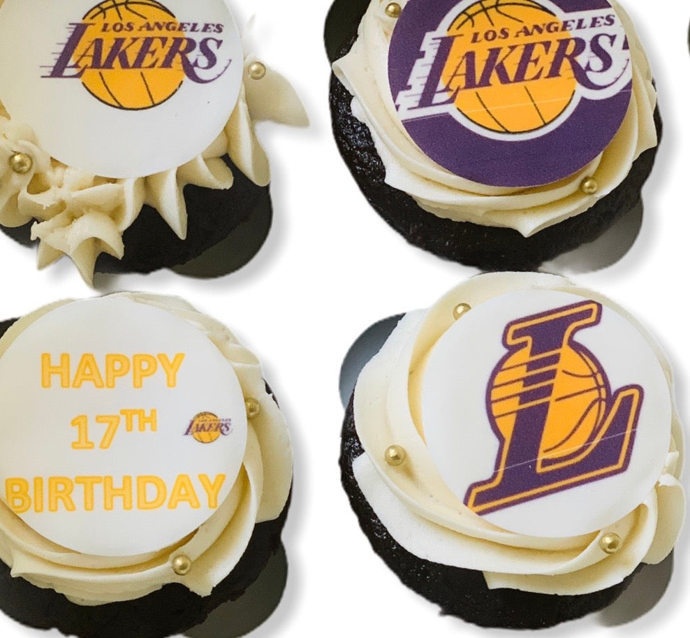 Custom Lakers themed cupcakes with basketball decorations, perfect for birthdays, game days, and Fresno events.
12 handmade Lakers cupcakes featuring team-inspired colors and designs for sports parties and celebrations.