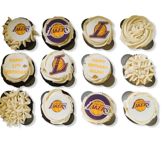Custom Lakers themed cupcakes with basketball decorations, perfect for birthdays, game days, and Fresno events.
12 handmade Lakers cupcakes featuring team-inspired colors and designs for sports parties and celebrations.