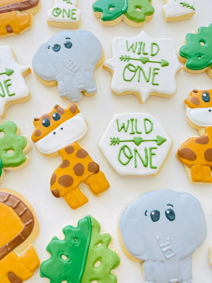 Jungle themed, wild one birthday cookies